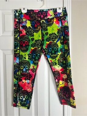 Constantly Varied Gear CVG Sugar Skull Capri Leggings XL Colorful Side Pocket